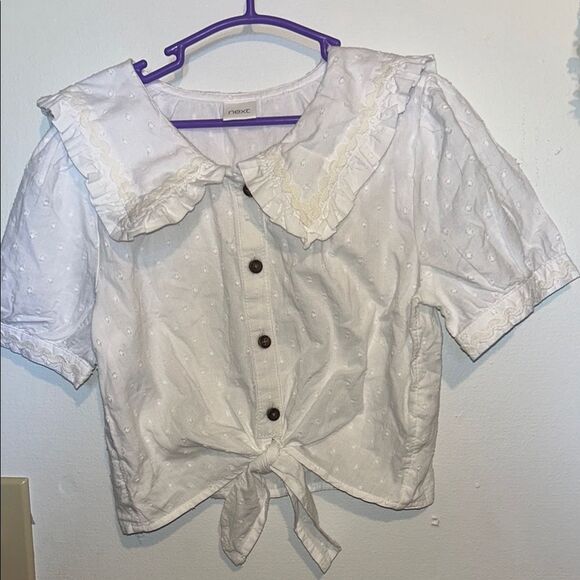 💋3/$30 Next White Blouse with Puff Sleeves and Tie Front - Picture 1 of 3